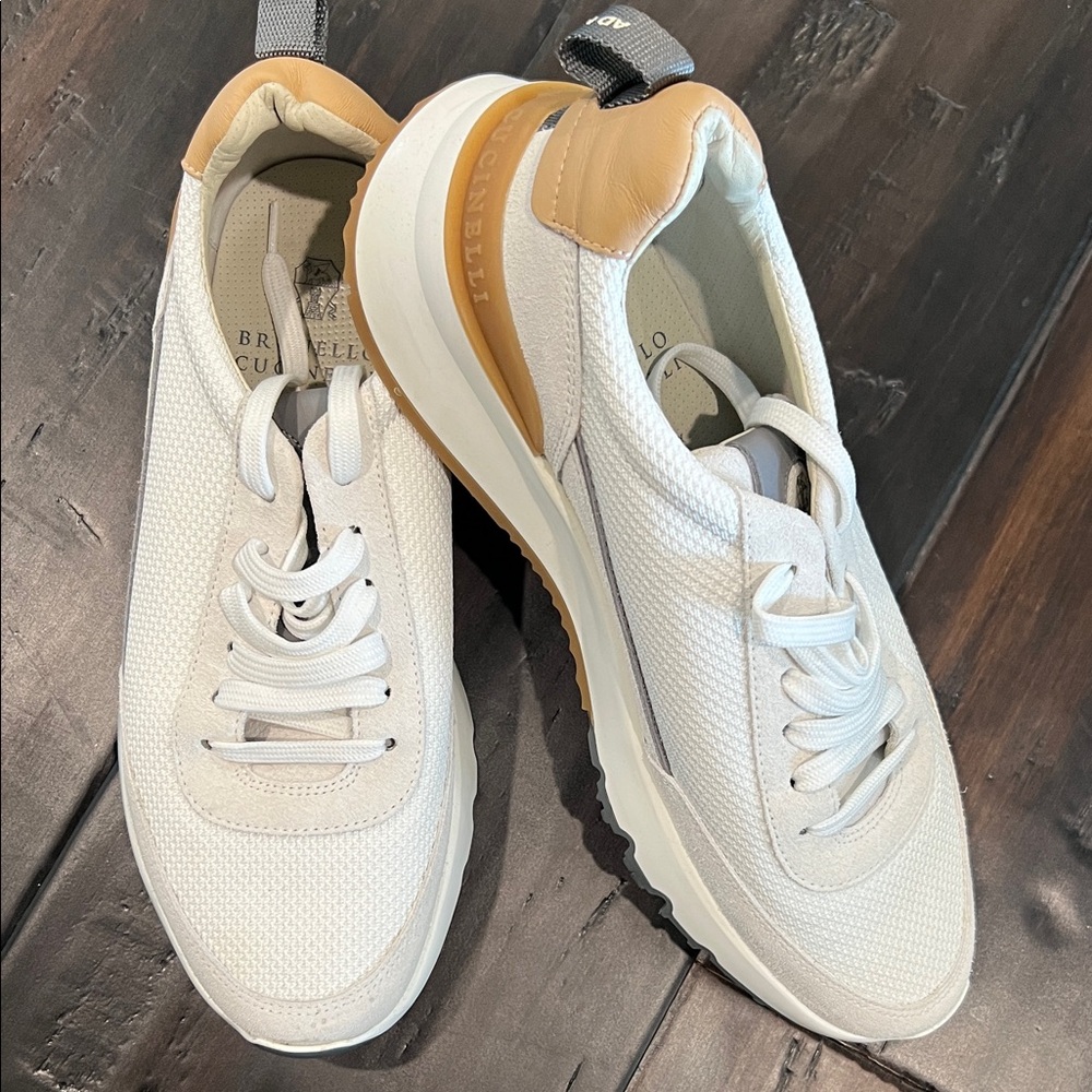 Brunello Cucinelli White and Tan Mesh Low Top Sneakers